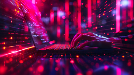 Close-up of hands typing on a laptop keyboard with glowing digital lines representing technology, innovation, and modern digital workspaces.