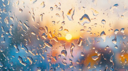 Poster - Abstract display of water droplets forming intricate patterns against a blurred sunset backdrop