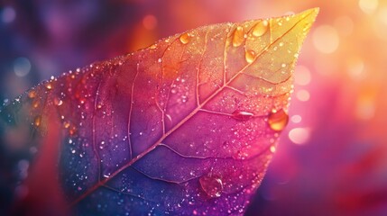 Poster - Close-up view of morning dew glistening on a vibrant leaf at dawn in a serene garden