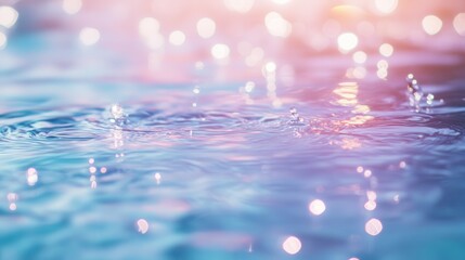 Poster - Close-up view of rain droplets creating ripples on water surface during a serene moment by a lake at sunset
