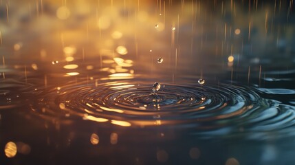 Poster - Close-up of rain droplets creating ripples on water surface during twilight