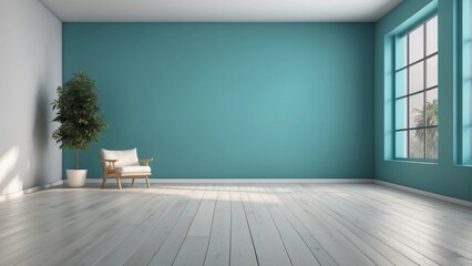 Wall Mural - Minimalist Room Design With Teal Wall And Wooden Floor