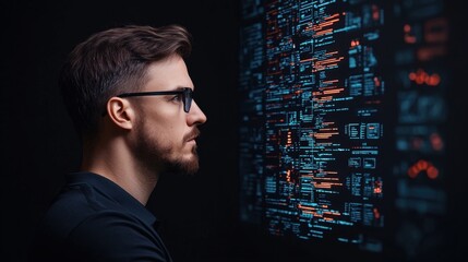 A man analyzing digital data on a futuristic display screen.