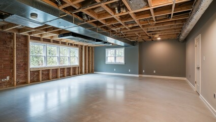 Canvas Print - The empty, modern office corridor with large windows and a high ceiling showcases minimalist architecture and design