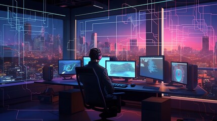Futuristic 3D software developer coding on multiple monitors in a sleek minimalist office workspace  Technological innovation digital design and coding productivity in a modern