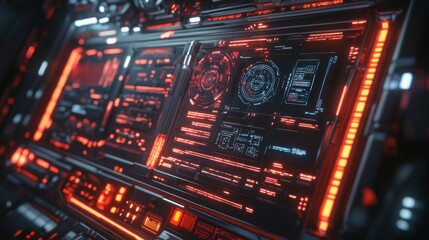 Wall Mural - futuristic red digital interface with glowing screens and data.