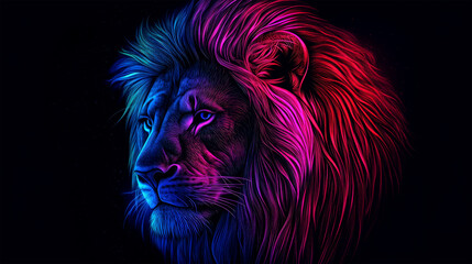 Wall Mural - lion neon light on black background