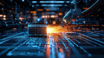 Leinwandbilder - Automated robotic arm welding metal in high tech factory, sparks flying, showcasing advanced manufacturing technology and precision engineering