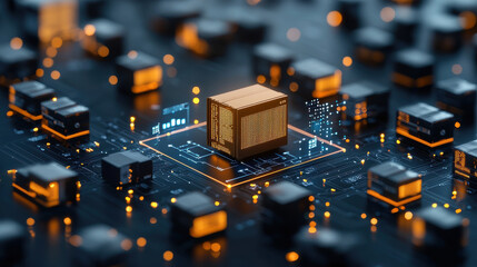 Aufkleber - futuristic digital circuit board with glowing components and central processing unit, showcasing advanced technology and automation in smart market environment