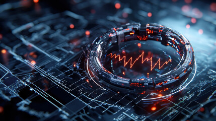 Poster - futuristic wearable device with glowing interface displays data and waveforms, set against high tech background. design emphasizes innovation and technology