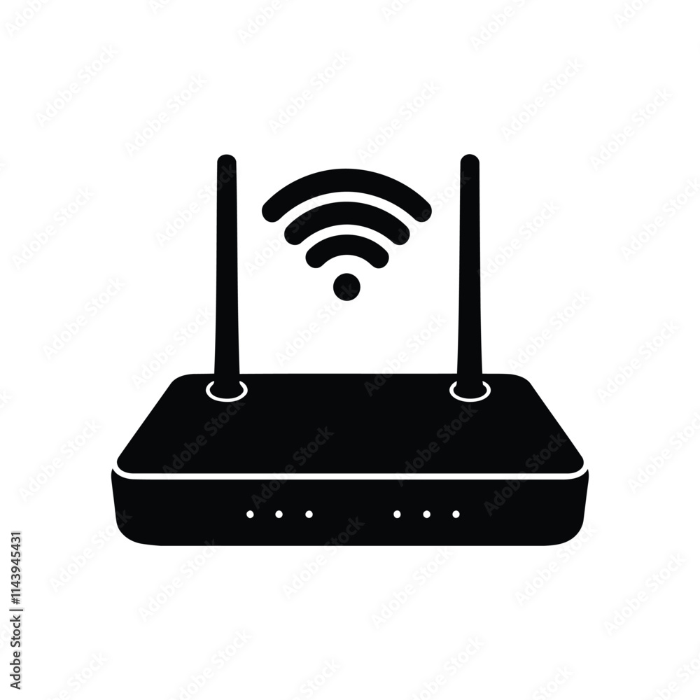 Silhouette of a router with black router icon and logo on white ...