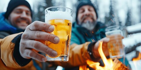 Wall Mural - Friends toasting with glasses of beer around a cozy campfire, symbolizing warmth, friendship, and celebration in an outdoor winter setting.