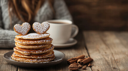 Poster - Cozy breakfast with heart shaped pancakes, coffee, and cinnamon. Perfect for romantic morning