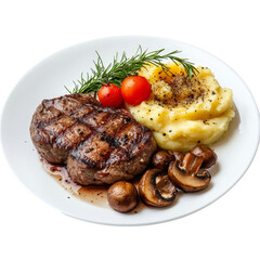 Wall Mural - Juicy grilled steak served with creamy potato mash, sautÃ©ed mushrooms, and fresh cherry tomatoes, steak dish with potato mash mushroom isolated on transparent background