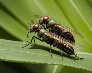 Close-up of Two Flies Mating on a Leaf. Macro shot of two flies engaged in mating on a vibrant green leaf.