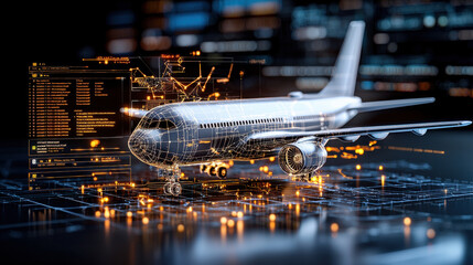 Leinwandbilder - digital aircraft model with live flight tracking and updates displayed on futuristic interface, showcasing advanced technology and data visualization