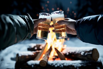Wall Mural - Friends gathered around a campfire in the woods, enjoying drinks and camaraderie with a warm, rustic outdoor vibe.