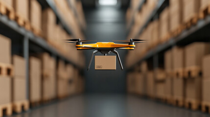 Poster - drone hovering in warehouse, efficiently transporting packages. scene showcases advanced technology in logistics and inventory management, highlighting automation and innovation
