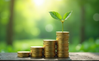 A young plant sprouts from a stack of golden coins, representing financial growth and investment.