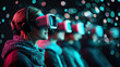 © K.V - Immersive virtual reality experience with people wearing headsets, engaged in digital worlds. atmosphere is vibrant with colorful lights and focused expressions