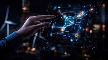 Leinwandbilder - person interacting with futuristic holographic interface, showcasing advanced technology and digital elements. scene is set against backdrop of wind turbines and cityscape