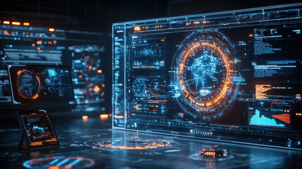 Fototapete - futuristic digital workspace featuring advanced holographic displays, data visualizations, and interactive screens. environment is illuminated with vibrant colors, showcasing technology and