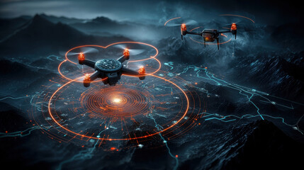 Poster - Futuristic drones flying over high tech landscape with glowing data overlays. scene showcases advanced technology and AI integration in environmental monitoring