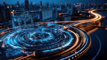 Poster - Futuristic transportation hub with AI systems, glowing data interfaces, and urban skyline. blend of technology and innovation in vibrant cityscape