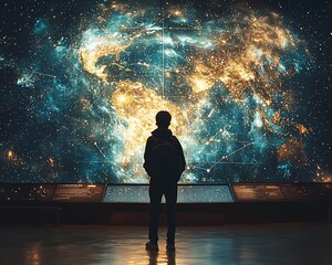 Wall Mural - silhouetted student gazes in awe at planetarium s cosmic star map overhead inspiring astronomical kn