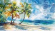 © Vlad - Palm Trees Watercolor. Beach Scene with Exotic Palms and Sea in Watercolor Style
