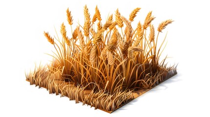 golden wheat stalks on a square patch of ground, isolated on white.