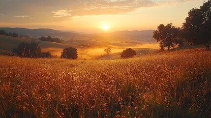 Wall Mural - golden sunrise over misty rolling countryside landscape with illuminated trees and fields