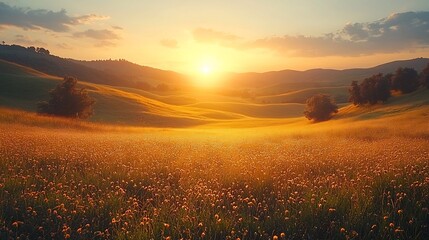 Wall Mural - scenic golden sunrise over misty rolling countryside landscape with lush foliage and serene atmosphe
