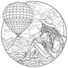 Wall Mural - A tourist woman looks at a hot air balloon.Coloring book antistress for children and adults.