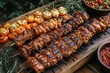 © Khawla - Middle eastern, arabic or mediterranean dinner table with grilled lamb kebab, chicken skewers with roasted vegetables and appetizers variety serving on wooden outdoor table. Overhead view