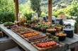 © Khawla - Middle eastern, arabic or mediterranean dinner table with grilled lamb kebab, chicken skewers with roasted vegetables and appetizers variety serving on wooden outdoor table. Overhead view