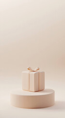 Leinwandbilder - minimalist gift box with ribbon sits on round platform, set against soft beige background with gentle shadows