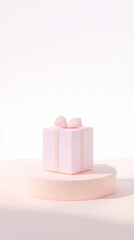 Leinwandbilder - pastel pink gift box with bow placed on round platform, set against soft white background with minimalist design