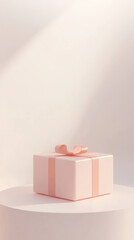 Leinwandbilder - pastel pink gift box with ribbon sits on round platform, illuminated by soft light, creating minimalist and elegant aesthetic