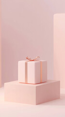 Leinwandbilder - pastel pink gift box with ribbon sits on matching platform, surrounded by soft minimalist background