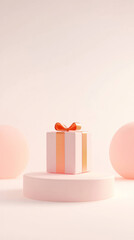 Leinwandbilder - gift box with ribbon on round platform, surrounded by soft pink spheres and minimalist white background