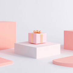 Leinwandbilder - pastel pink gift box with golden ribbon sits on white platform, surrounded by geometric shapes in minimalist design