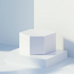 Leinwandbilder - white hexagonal box sits on minimalist platform with soft shadows and clean lines, creating serene and modern aesthetic