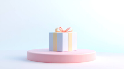 Leinwandbilder - pastel colored gift box with ribbon sits on pink platform, isolated on soft gradient background