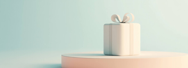 Leinwandbilder - minimalist white gift box with ribbon sits on round platform against soft pastel background