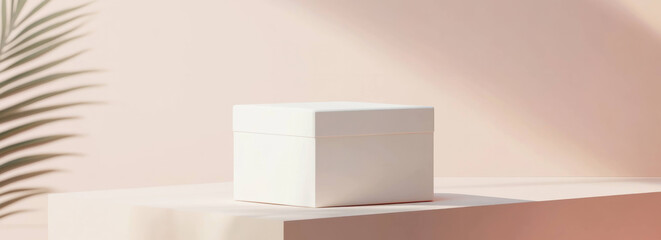 Poster - minimalist white gift box placed on platform with soft shadows and pastel background