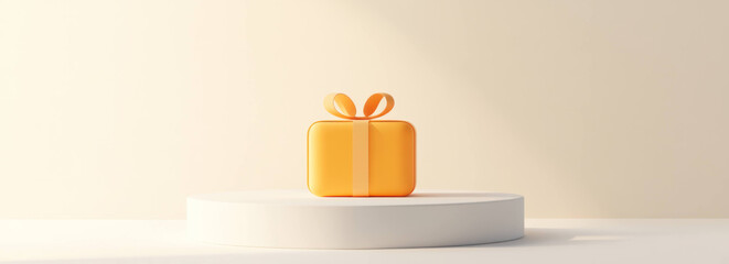 Poster - minimalist orange gift box with ribbon sits on white circular platform, soft shadows enhance its clean aesthetic