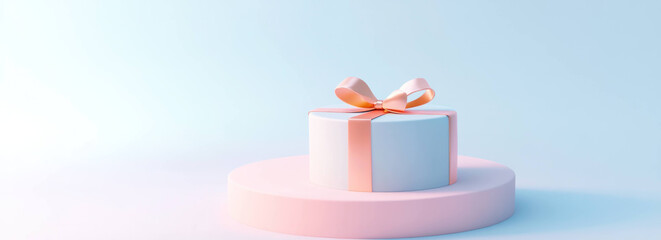 Leinwandbilder - pastel pink gift box with ribbon sits on round platform, featuring soft lighting and minimalist design