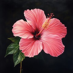 Canvas Print - Close-up of a single pink hibiscus flower with dark green leaves against a black background.