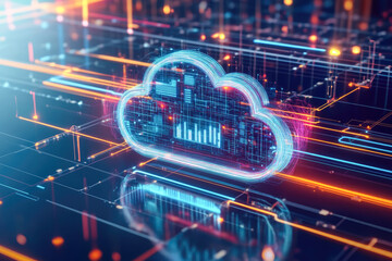 Wall Mural - futuristic digital cloud technology concept with neon lights and data visualization